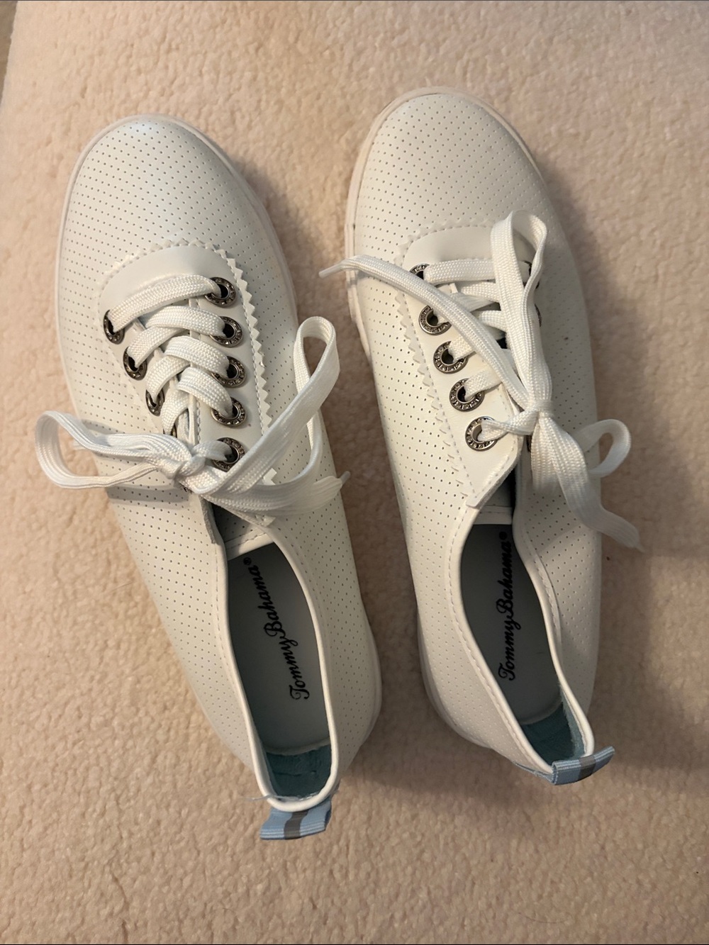 Tommy Bahama White Perforated Lace-Up Women's Sneakers with Light Blue Heel Tab